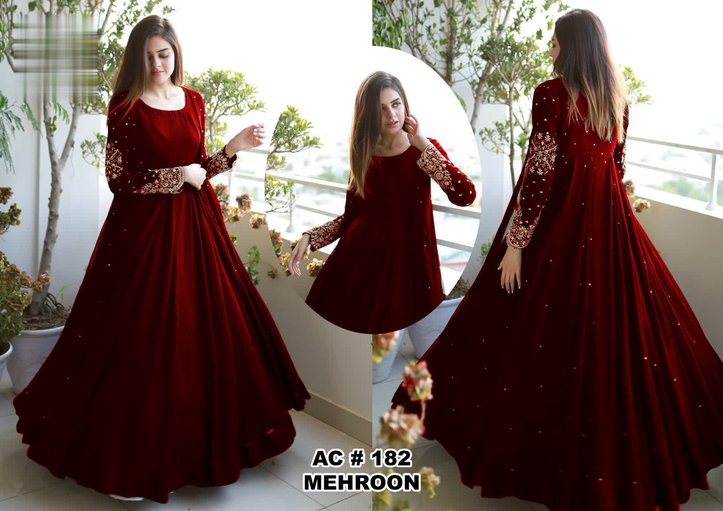 Embroidered With Pearls Attached Gown With Long Maxi Trouser 3PCs