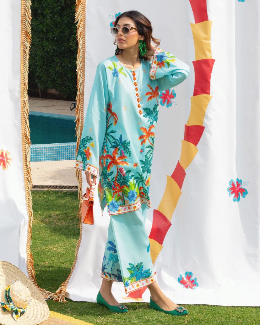 Tropical Bliss Aqua Lawn Kurta Set – Vibrant Summer Collection