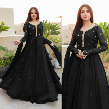 Embroidered with Pearls Attached Long Maxi With Lace Work Chiffon Dupatta 3Pcs